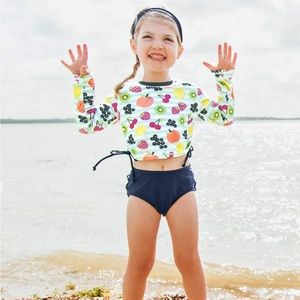 RuffleButts Baby Girls Fruit Fiesta Cropped Long Sleeve Rash Guard Bikini 6-12m